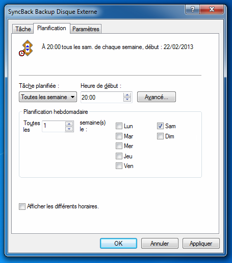 SyncBack : Horaires de la tâche planifiée