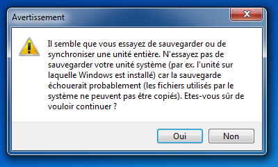 SyncBack : Avertissement de sauvegarde de lecteur
