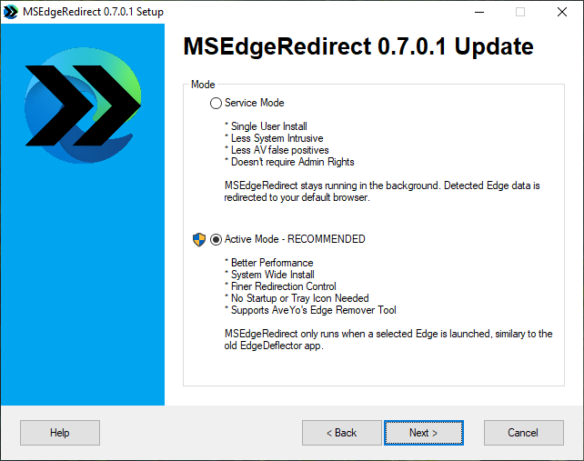 MSEdgeRedirect : Mode d'installation Service ou Actif