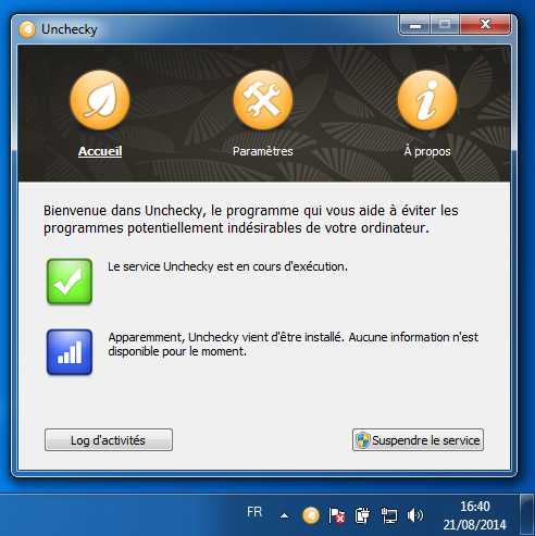 Interface de gestion d'Unchecky