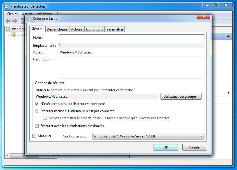 Planificateur de tâches sous Windows 7