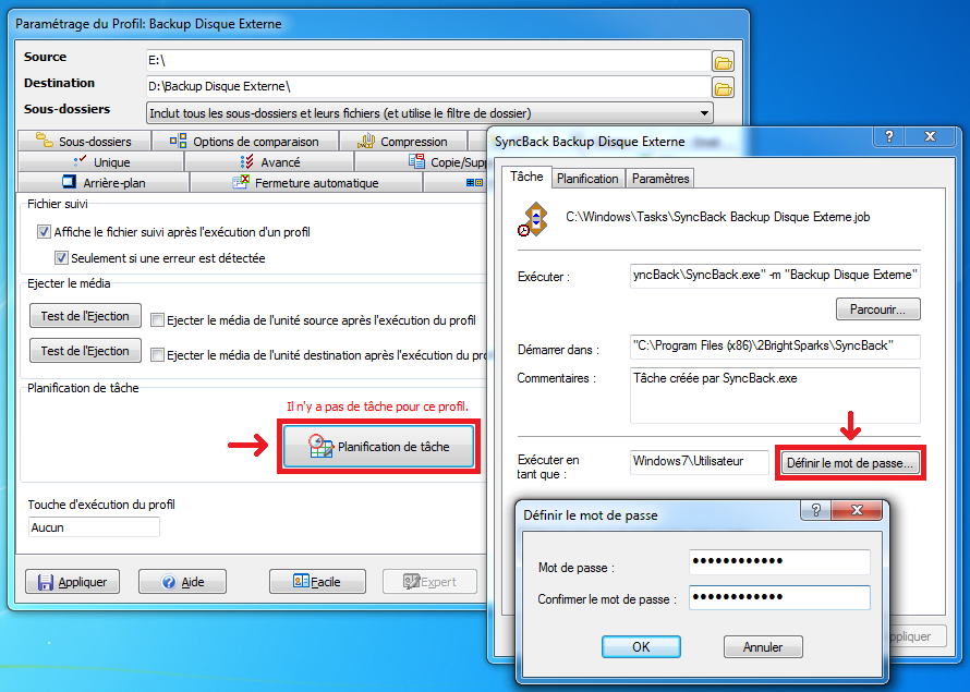 SyncBack : Tâche planifiée et mot de passe