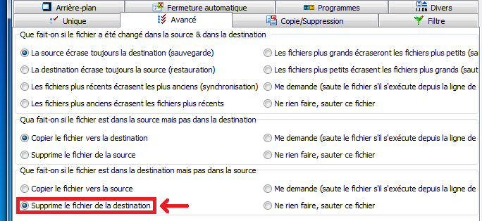 SyncBack : Supprimer dans la Destination