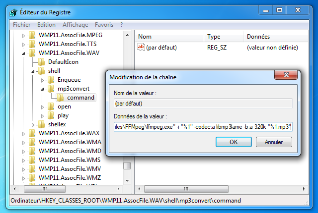 Conversion en MP3 dans les menus contextuels avec Regedit