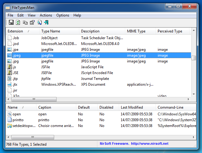 Interface principale de FileTypesMan