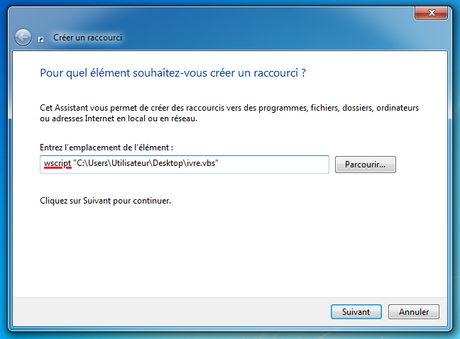 Création de raccourci : interpréteur wscript