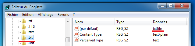 Extensions de fichiers dans Regedit