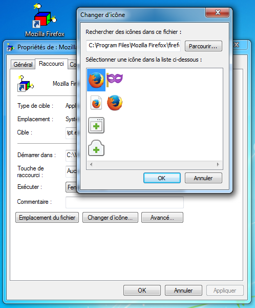 Création de raccourci : changement d'icône