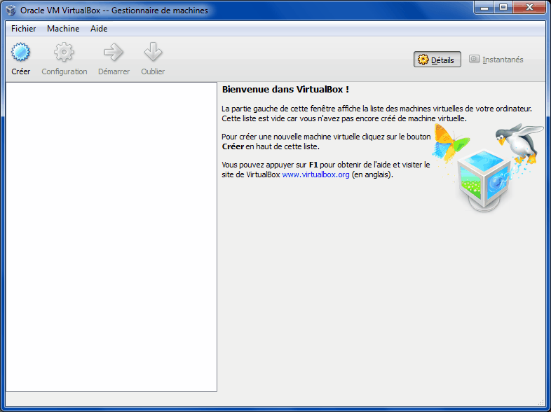 Accueil de VirtualBox