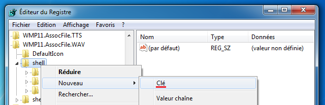 Création d'une nouvelle clé sous Regedit