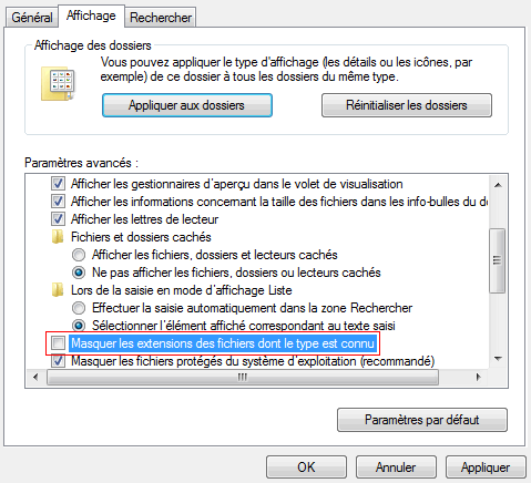 Masquer les extensions des fichiers dont le type est connu